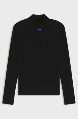 High-neck stretch-cotton top with logo badge, Black