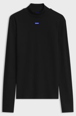 High-neck stretch-cotton top with logo badge, Black