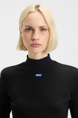 High-neck stretch-cotton top with logo badge, Black
