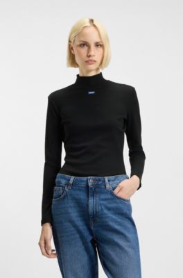 High-neck stretch-cotton top with logo badge, Black