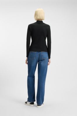 High-neck stretch-cotton top with logo badge, Black