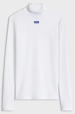 High-neck stretch-cotton top with logo badge, White