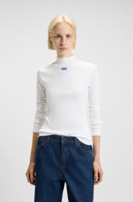 High-neck stretch-cotton top with logo badge, White