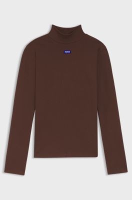 Top van stretchkatoen met hoge hals en logopatch, Bruin