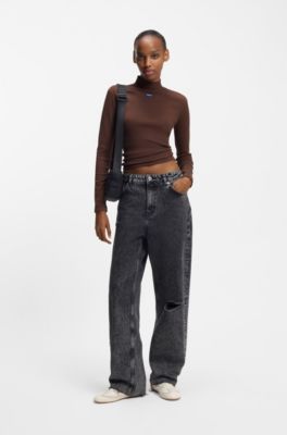 Top van stretchkatoen met blauw slogo, Bruin