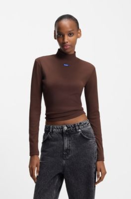 Stretch-cotton top with blue logo, Brown