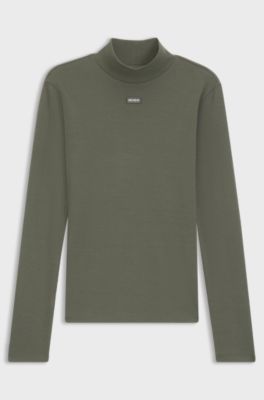 High-neck stretch-cotton top with logo badge, Dark Green
