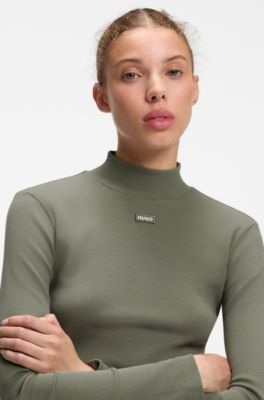 High-neck stretch-cotton top with logo badge, Dark Green