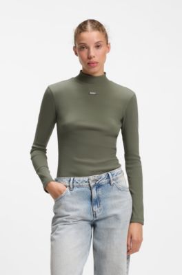 High-neck stretch-cotton top with logo badge, Dark Green