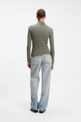 High-neck stretch-cotton top with logo badge, Dark Green