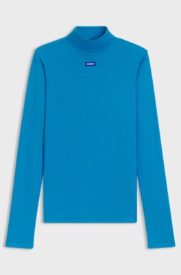 High-neck stretch-cotton top with logo badge, Blue