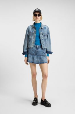 High-neck stretch-cotton top with logo badge, Blue