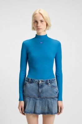Top &agrave; col montant en coton stretch avec &eacute;tiquette logot&eacute;e, Bleu