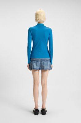 Top &agrave; col montant en coton stretch avec &eacute;tiquette logot&eacute;e, Bleu