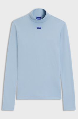High-neck stretch-cotton top with logo badge, Light Blue