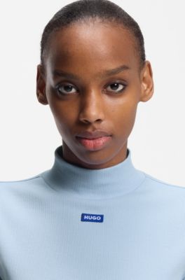 High-neck stretch-cotton top with logo badge, Light Blue
