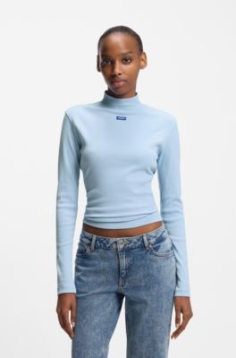 High-neck stretch-cotton top with logo badge, Light Blue