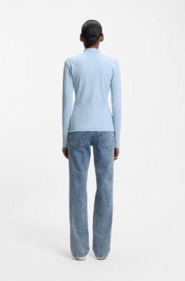 High-neck stretch-cotton top with logo badge, Light Blue