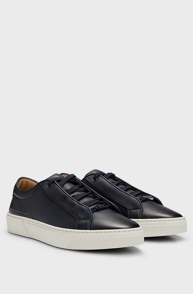 Gary burnished-leather trainers with hidden laces, Dark Blue