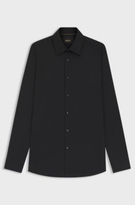 Camisa slim fit de popel&iacute;n de algod&oacute;n con el&aacute;stico, Negro