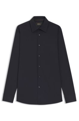 Slim-fit shirt in cotton-blend stretch poplin, Dark Blue