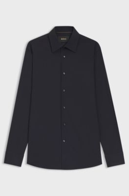 Camisa slim fit de popel&iacute;n de algod&oacute;n con el&aacute;stico, Azul oscuro
