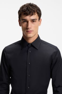 Camisa slim fit de popel&iacute;n de algod&oacute;n con el&aacute;stico, Azul oscuro