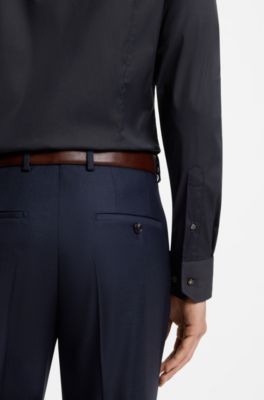 Camisa slim fit de popel&iacute;n de algod&oacute;n con el&aacute;stico, Azul oscuro