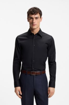 Camisa slim fit de popel&iacute;n de algod&oacute;n con el&aacute;stico, Azul oscuro
