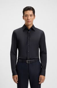 Camisa slim fit de popelín de algodón con elástico, Azul oscuro