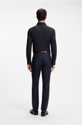 Camisa slim fit de popel&iacute;n de algod&oacute;n con el&aacute;stico, Azul oscuro