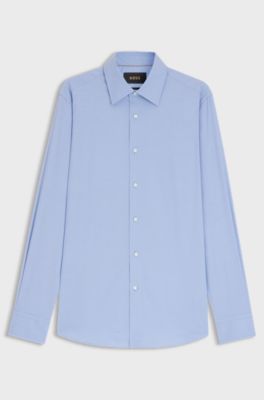 Camicia slim fit in popeline di misto cotone elasticizzato, Celeste