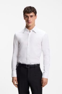 Camicia slim fit in cotone elasticizzato lavorato italiano, Bianco