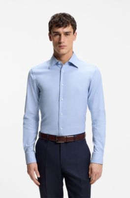 Camicia slim fit in cotone elasticizzato lavorato italiano, Celeste
