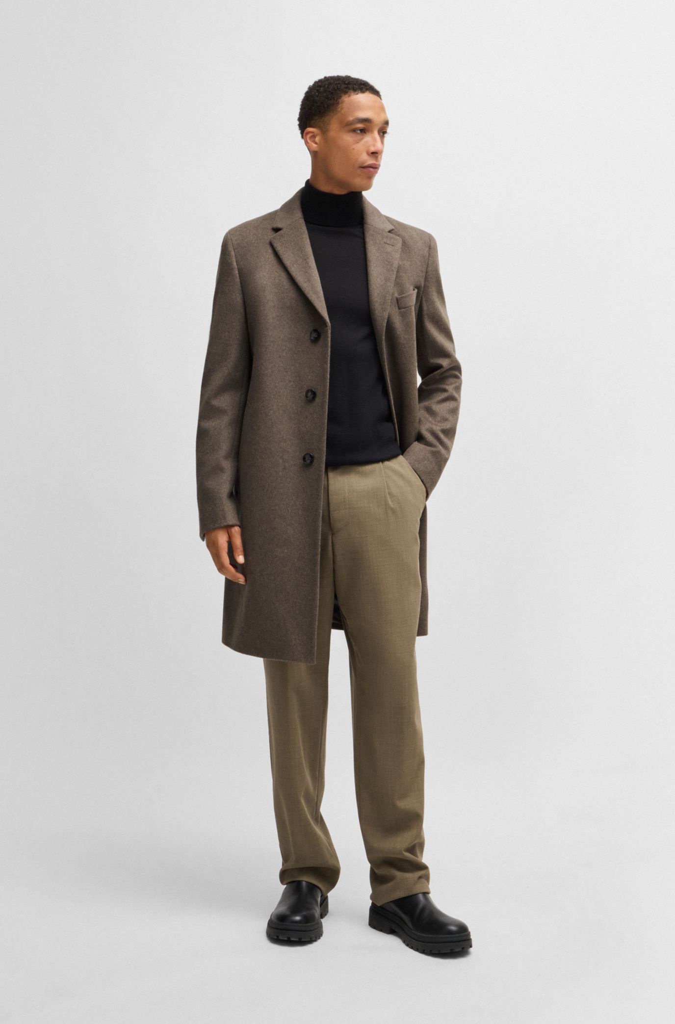BOSS - スリムフィットコート バージンウール/カシミア - ベージュ BOSS - スリムフィットコート バージンウール/カシミア - ベージュ
