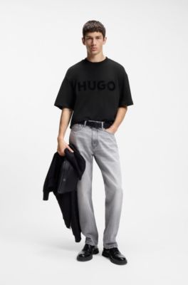 Oversized-fit cotton T-shirt with reflective logo, Black