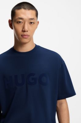 Oversized-fit cotton T-shirt with reflective logo, Dark Blue