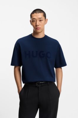 Oversized-fit cotton T-shirt with reflective logo, Dark Blue