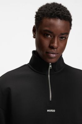 Cotton-terry logo sweatshirt with zip neck, Black
