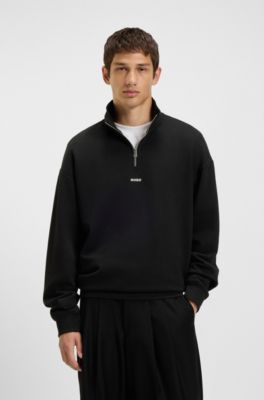 Cotton-terry logo sweatshirt with zip neck, Black