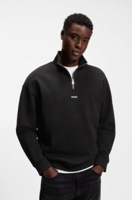 Cotton-terry logo sweatshirt with zip neck, Black
