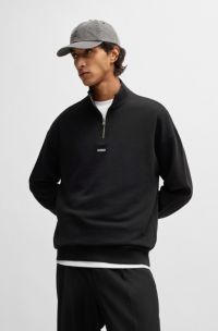 Cotton-terry zip-neck sweatshirt with logo print, Black