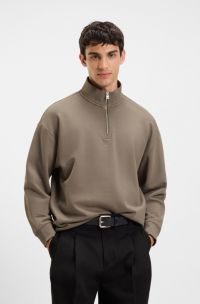 Sweat en molleton de coton avec encolure zippée et logo imprimé, Gris