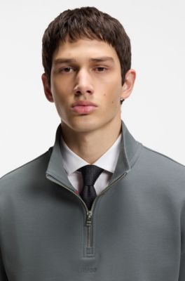 Cotton-terry logo sweatshirt with zip neck, Grey