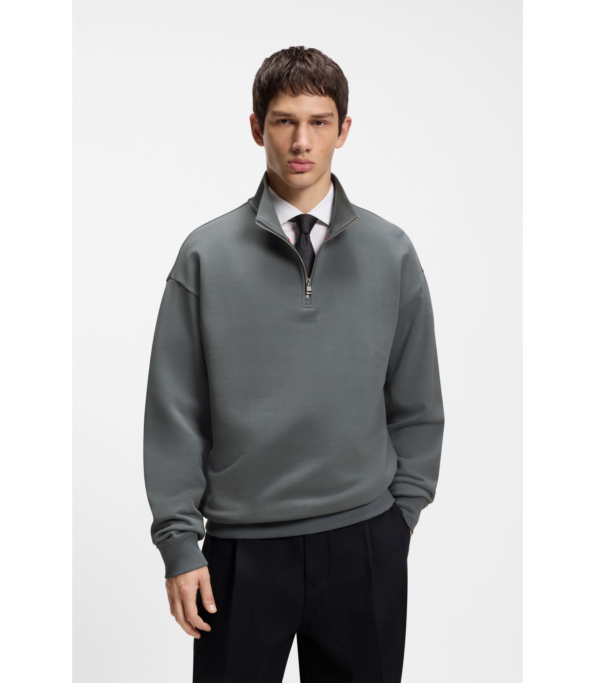 Sweatshirt aus Baumwoll-Terry mit Reißverschluss am Kragen und Logo