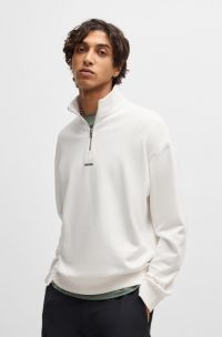 Cotton-terry zip-neck sweatshirt with logo print, White