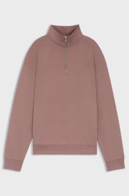 Sudadera de felpa de algod&oacute;n con cremallera en el cuello y logo estampado, Marr&oacute;n claro