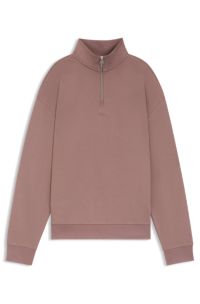 Zip-neck sweatshirt in cotton terry with logo print, Light Brown