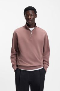 Sweat en molleton de coton avec encolure zippée et logo imprimé, Brun chiné