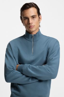 Relaxed-fit cotton sweatshirt with zip neck, Blue